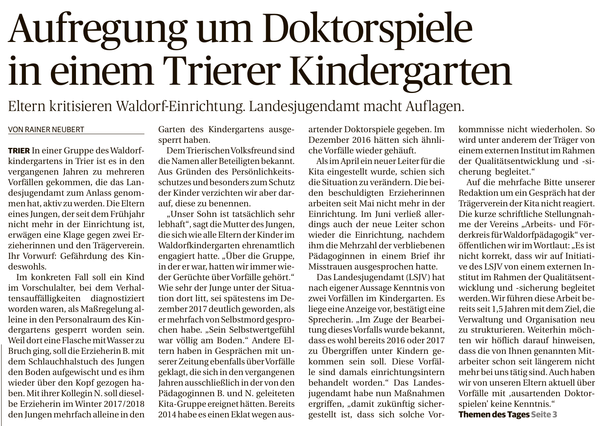 Trierischer Volksfreund, 30.11.2018, Vorfälle in der Waldorf-Kita